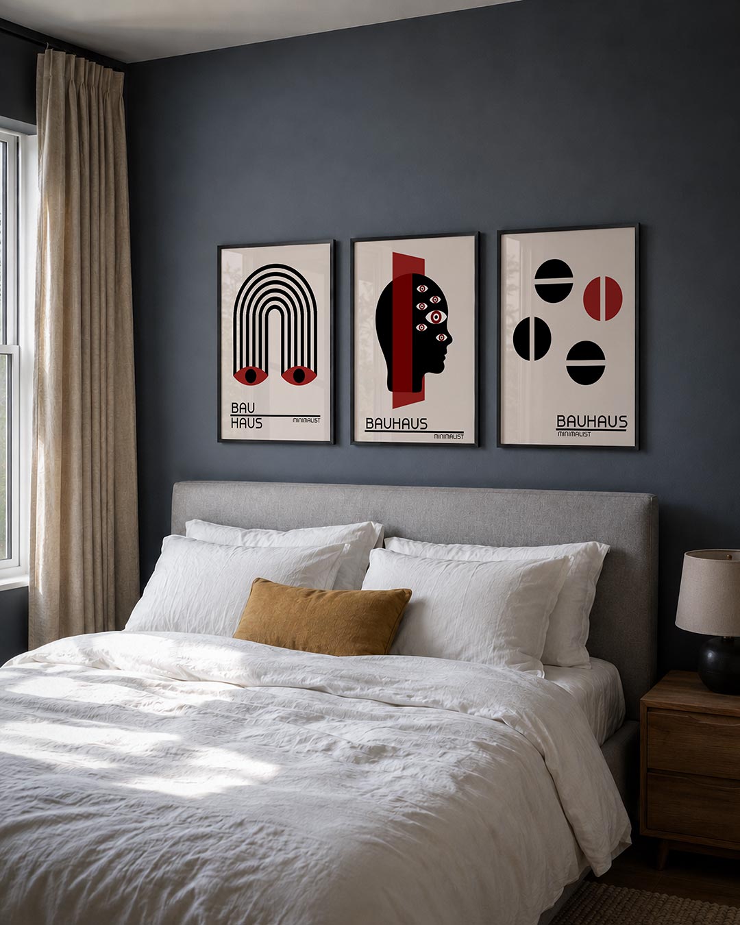 Lijnen en ogen posterset – derde productweergave – deze posterset toont een boog van zwarte lijnen met twee rode ogen aan de