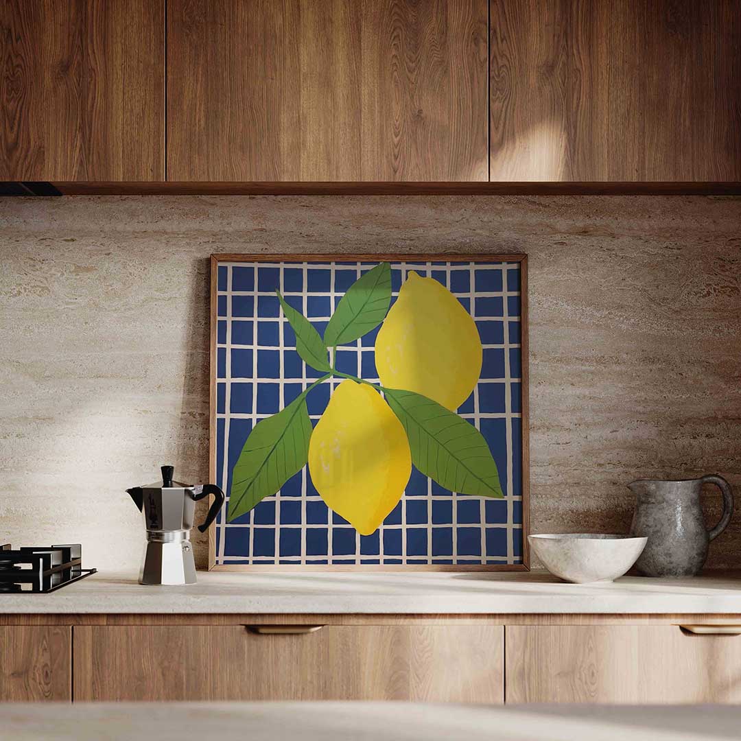 Citroenen op blauw – culinaire wandkunst als vierkante poster