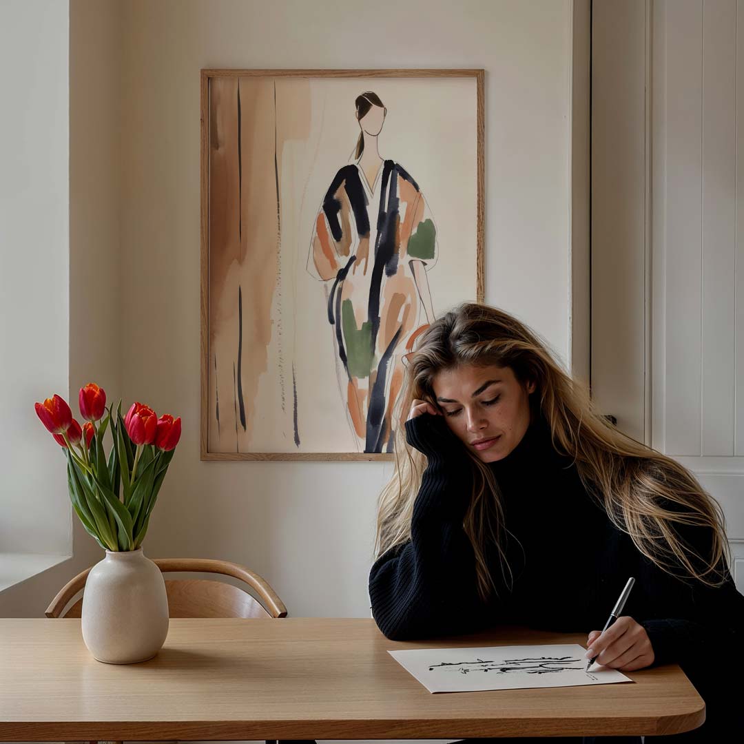 Artistieke Mode Illustratie – staande vrouwelijke wanddecoratie van WallArtistic