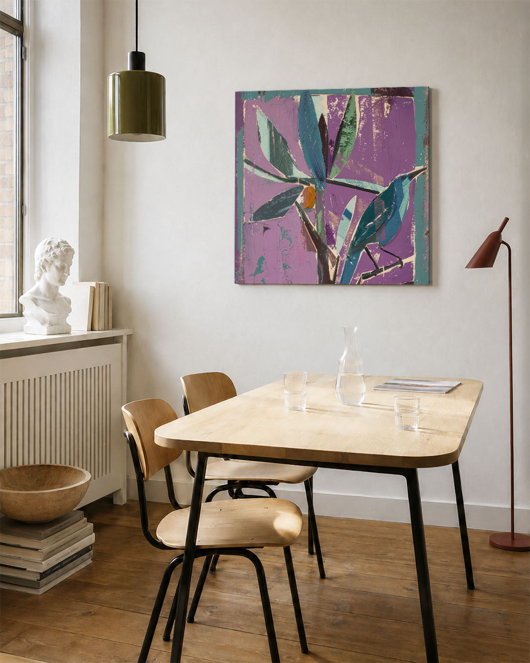Vogelsilhouet met bladeren kunstwerk – vierkante wanddecoratie – dit werk toont een vogel en bladeren in een dynamische