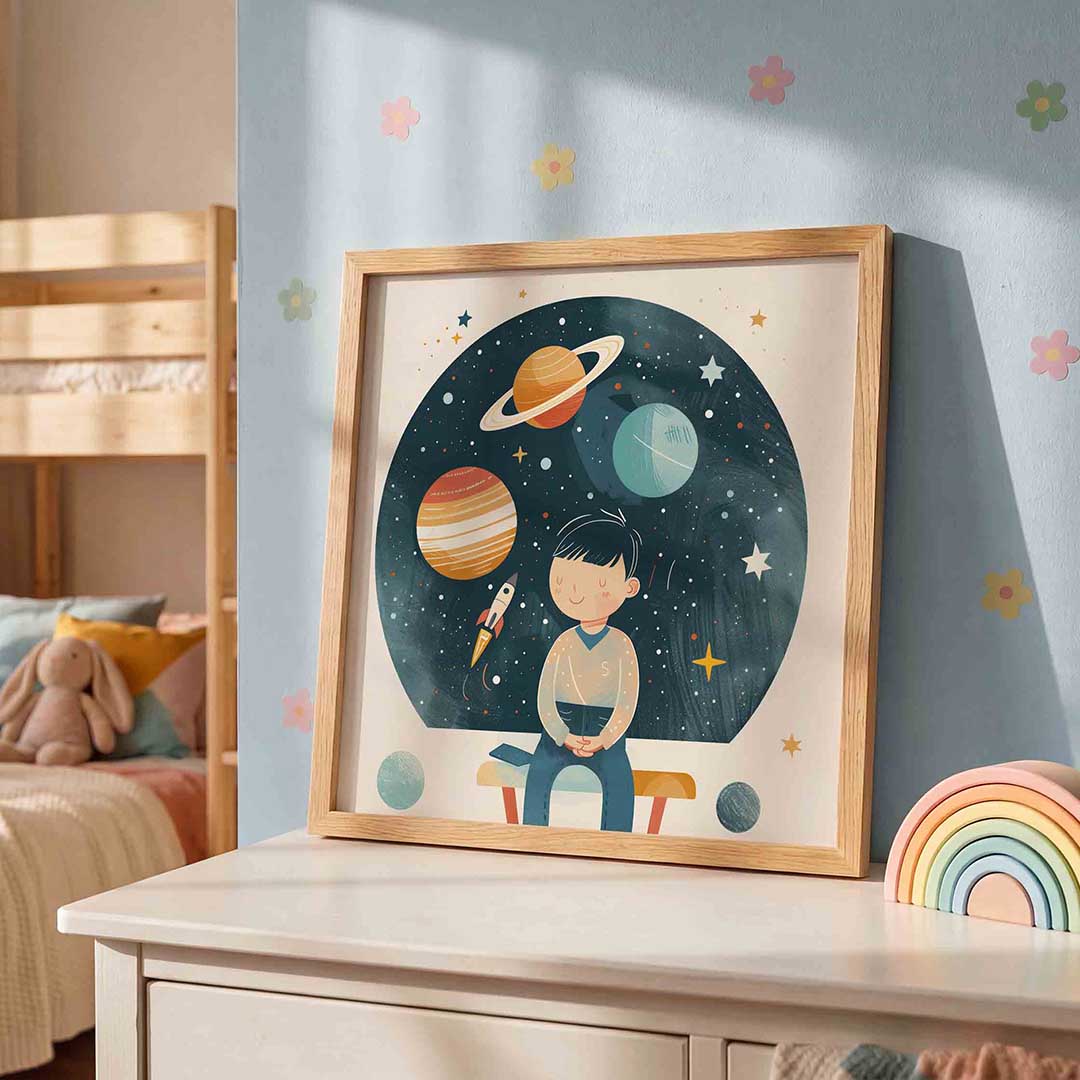 Kind met planeten – speelse wandkunst als vierkante kinderposter