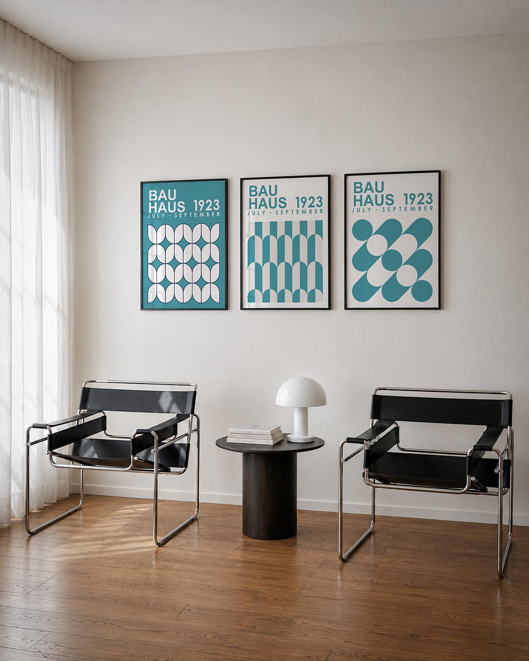 Vorm en ritme posterset – derde productweergave – deze posterset in drie delen toont een ritmisch patroon van witte vormen op