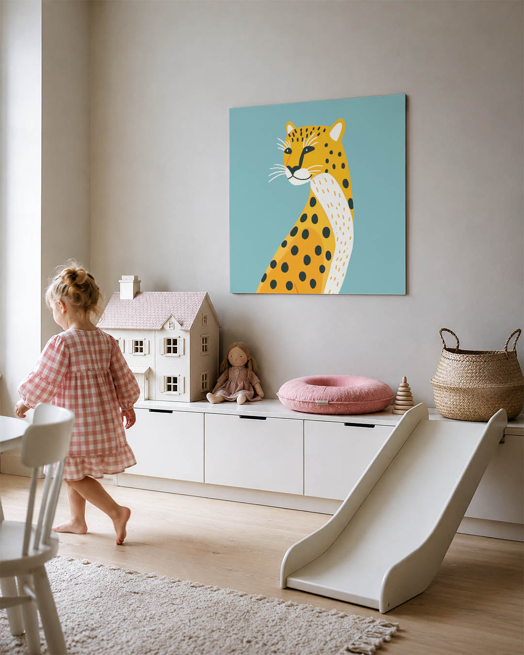 Luipaard illustratie kunstwerk – tweede productweergave – dit werk toont een luipaard met opvallende zwarte stippen op een