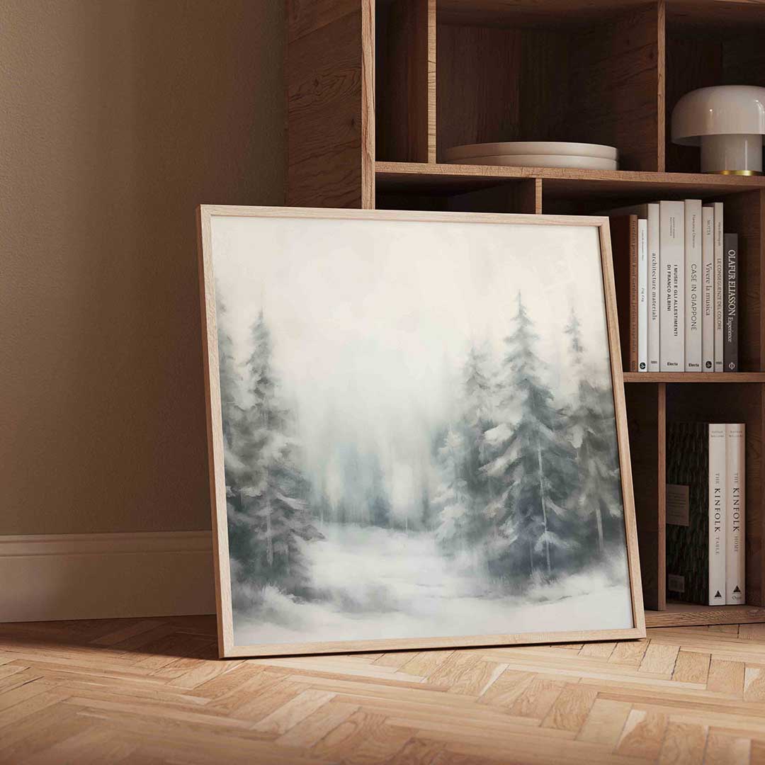 Mistig boslandschap – vierkante kerst wanddecoratie van WallArtistic