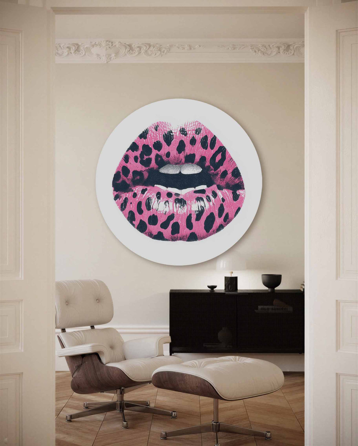 Roze lippen – kleurrijke Pop Art muurcirkel voor aan de muur