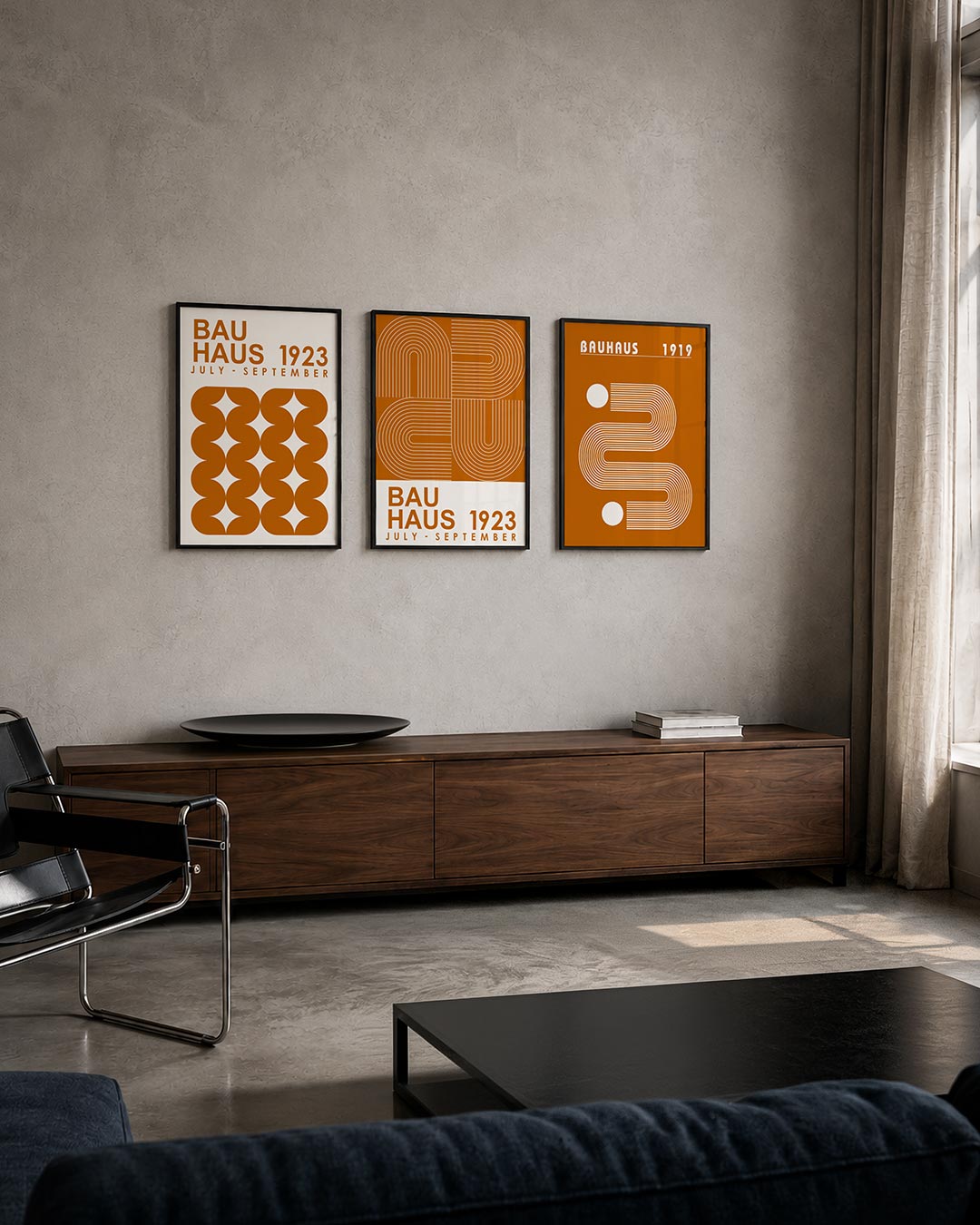 Vorm en ritme posterset – tweede productweergave – deze posterset in drie delen toont een speelse ordening van oranje halve