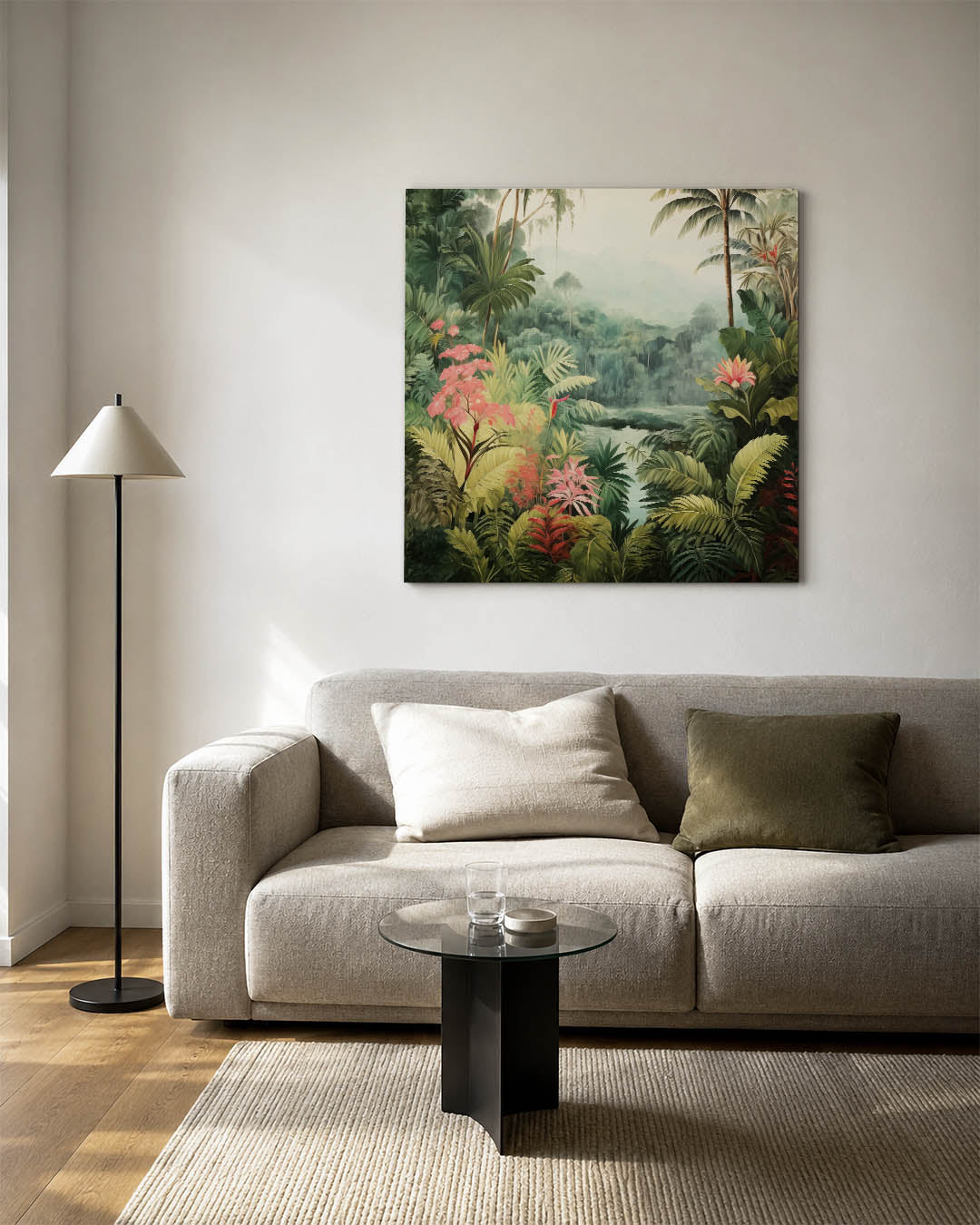 Tropisch landschap kunstwerk – detailweergave – dit werk toont een weelderig tropisch landschap met diverse planten en