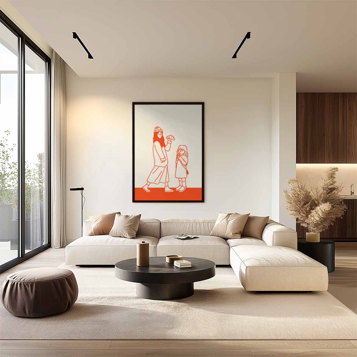 Vrolijke Wandeling in Oranje – staand kunstwerk voor modern interieur