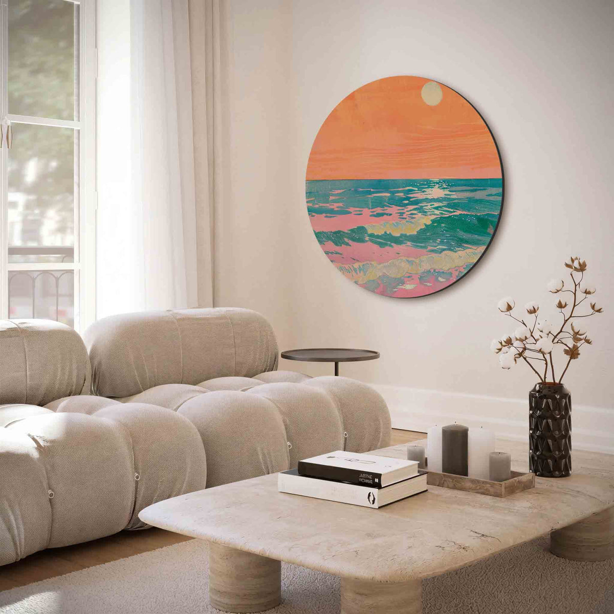 Zonsondergang zee – muurcirkel met abstracte texturen voor aan de muur