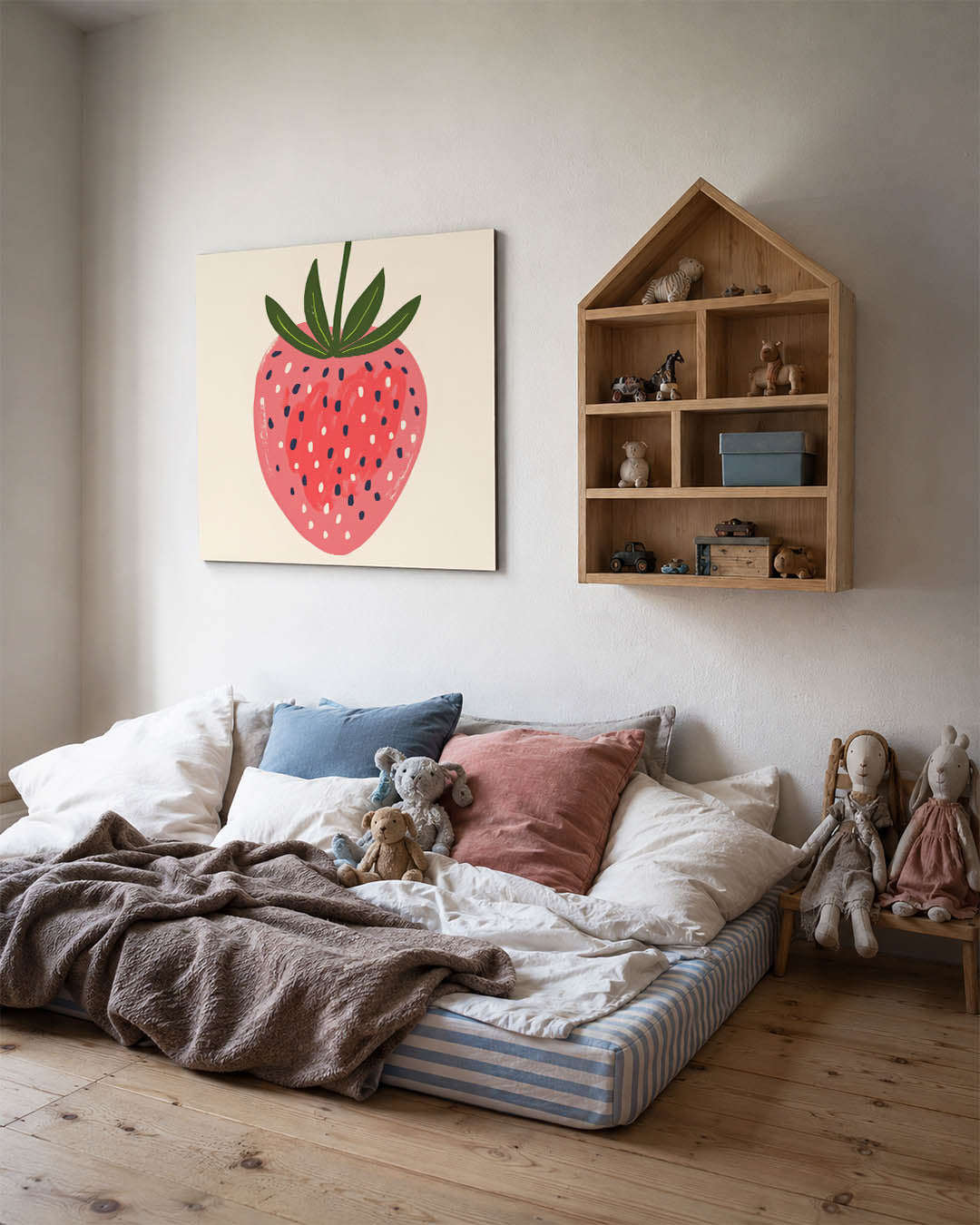 Fruitige illustratie kunstwerk – derde productweergave – dit werk toont een gestileerde aardbei met groene bladeren op een