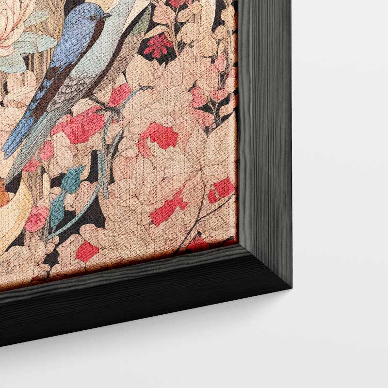 Vrolijke Bloemnatuur met Blauwe Vogel – kunstwerk met zwarte baklijst