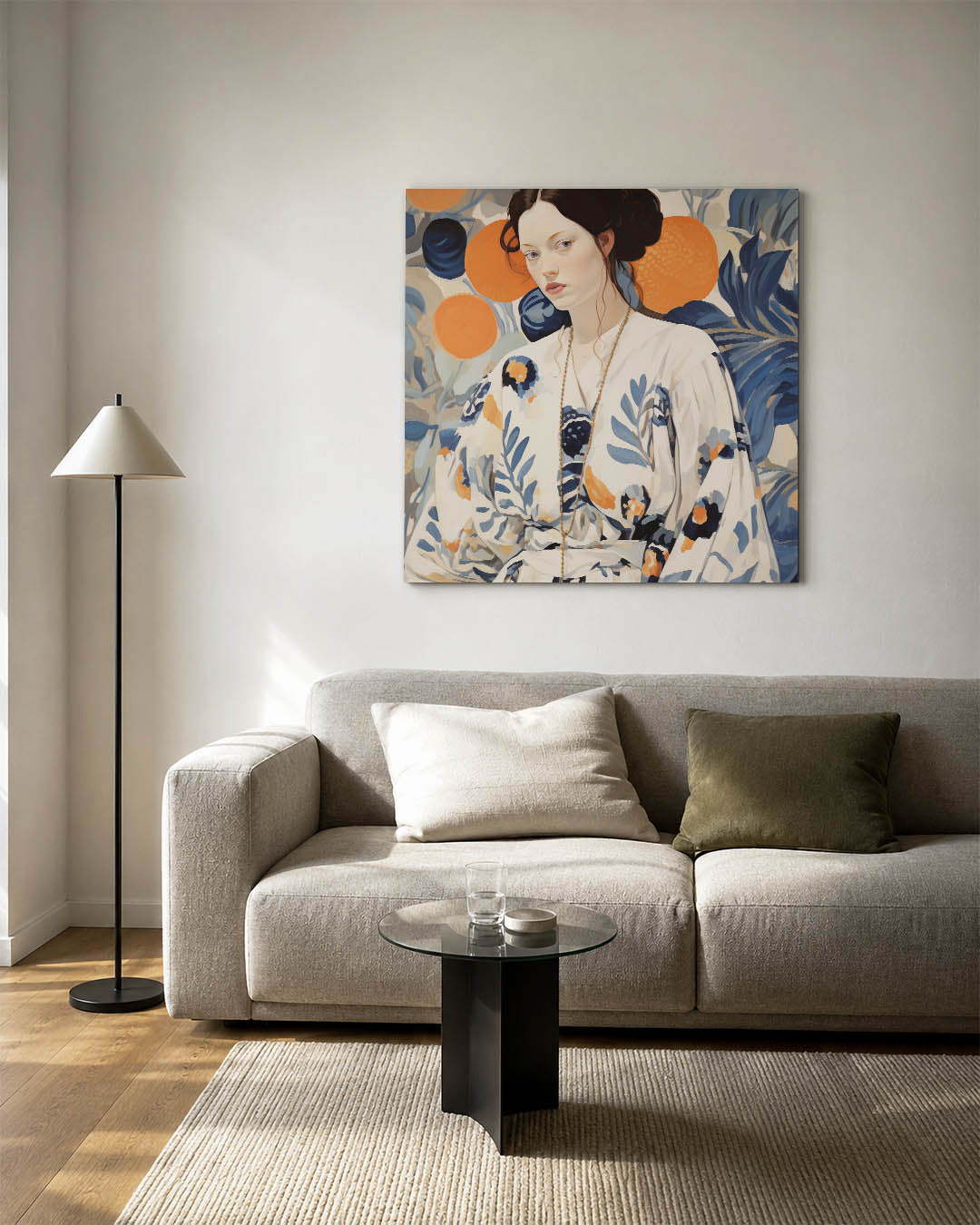 Vrouwelijk portret bloemen kunstwerk – vierkante wanddecoratie – dit werk toont een vrouw in een kleurrijke omgeving met