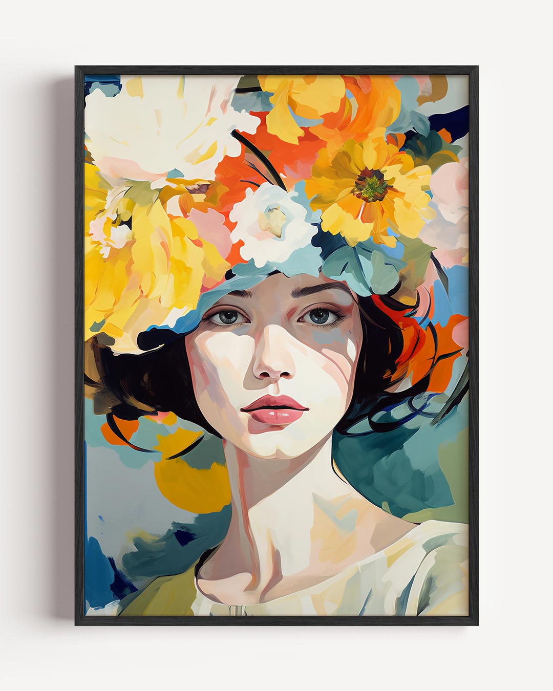 Bloemenkrans Damesportret – vrouwelijk portret poster als wanddecoratie