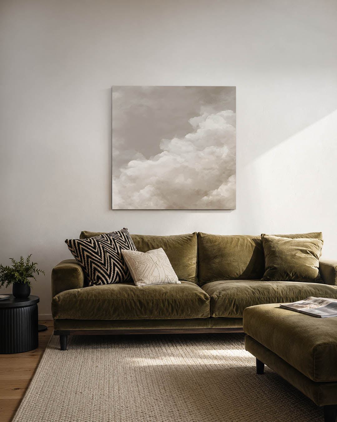 Zachte wolken kunstwerk – derde productweergave – dit kunstwerk toont een compositie van zachte, vloeiende vormen in beige en