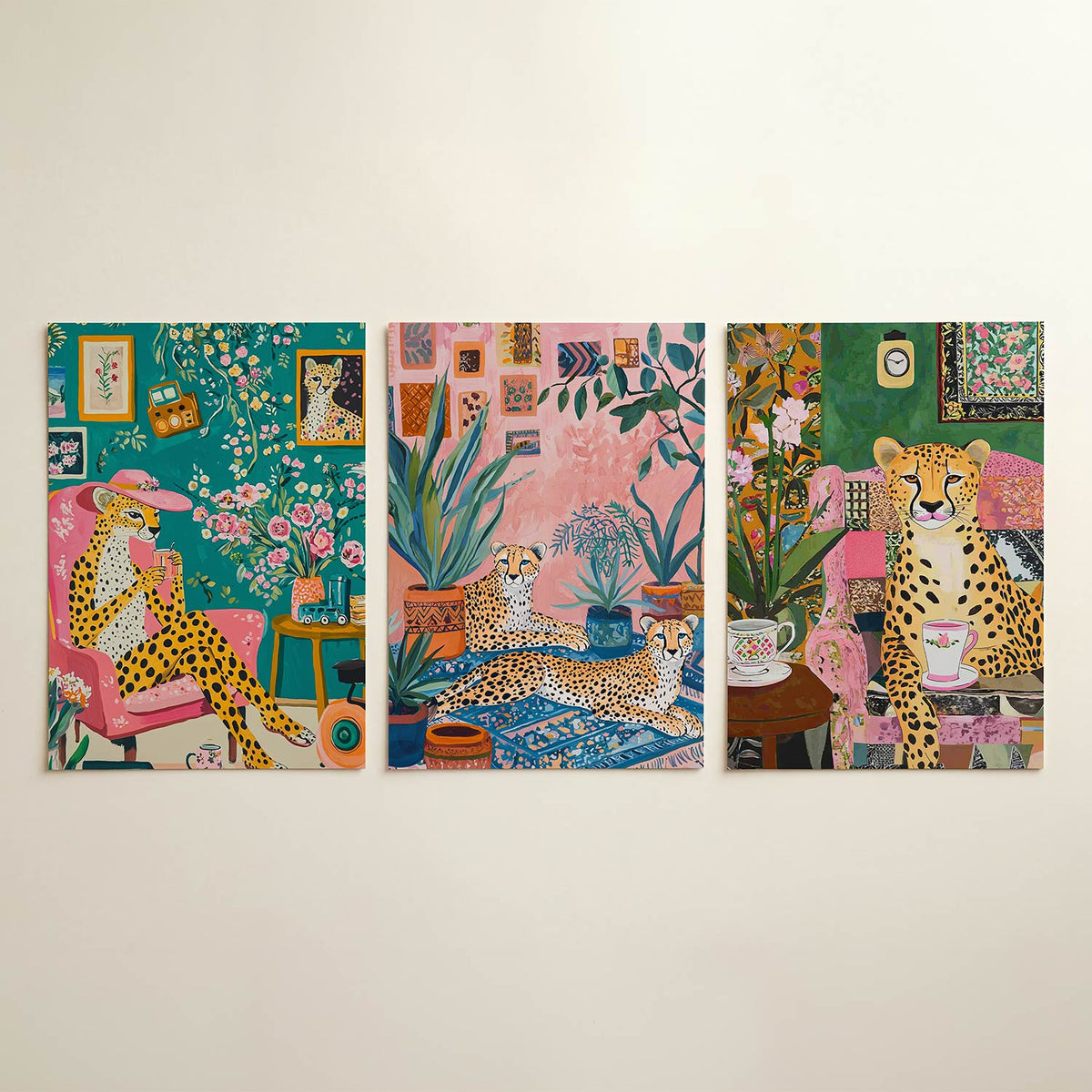 Kleurrijke dierenkamer posterset – detailweergave – een luipaard in een roze stoel, omringd door bloemen
