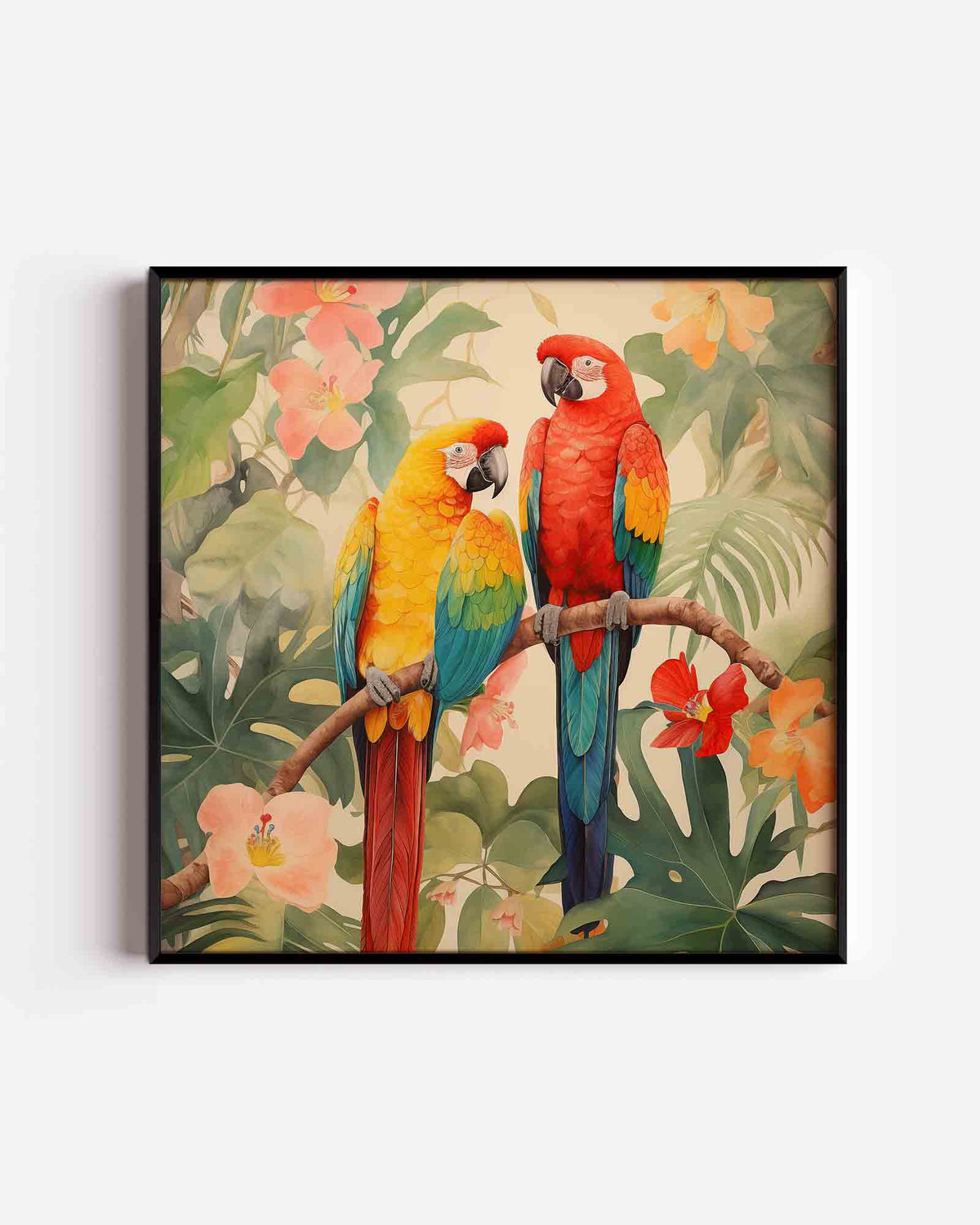 Papegaaien en bloemen – jungle vierkante poster als wanddecoratie