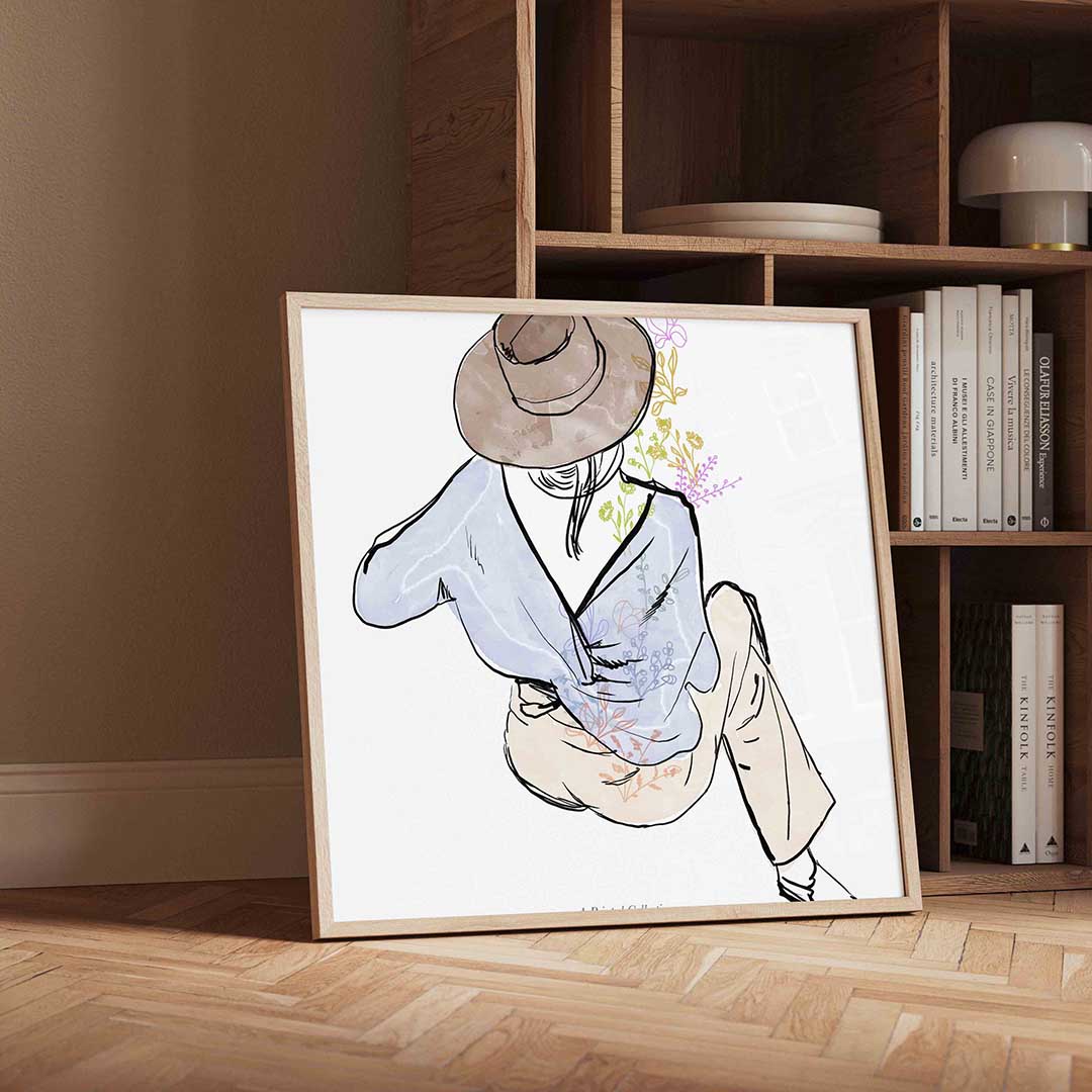 Vrouw met hoed – vierkante portret wanddecoratie van WallArtistic