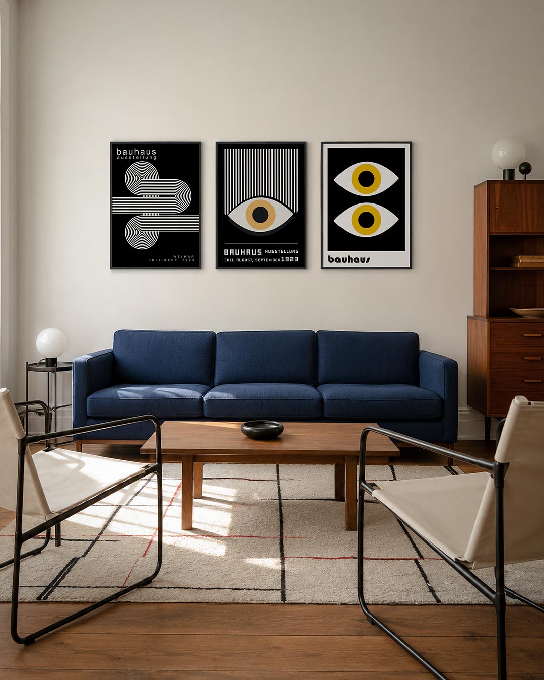 Lijnen en cirkelpatronen driedelige posterset – deze poster toont een dynamisch lijnenspel met witte, parallelle lijnen die