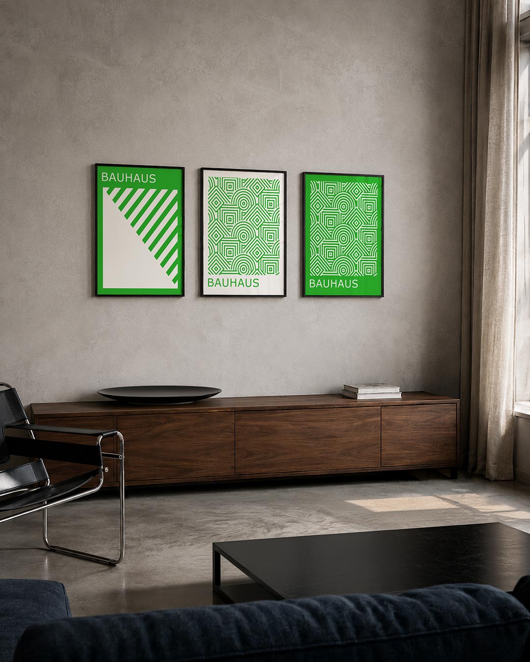 Groene lijnendans driedelige posterset – deze posterset in drie delen toont een levendige groene achtergrond met diagonale