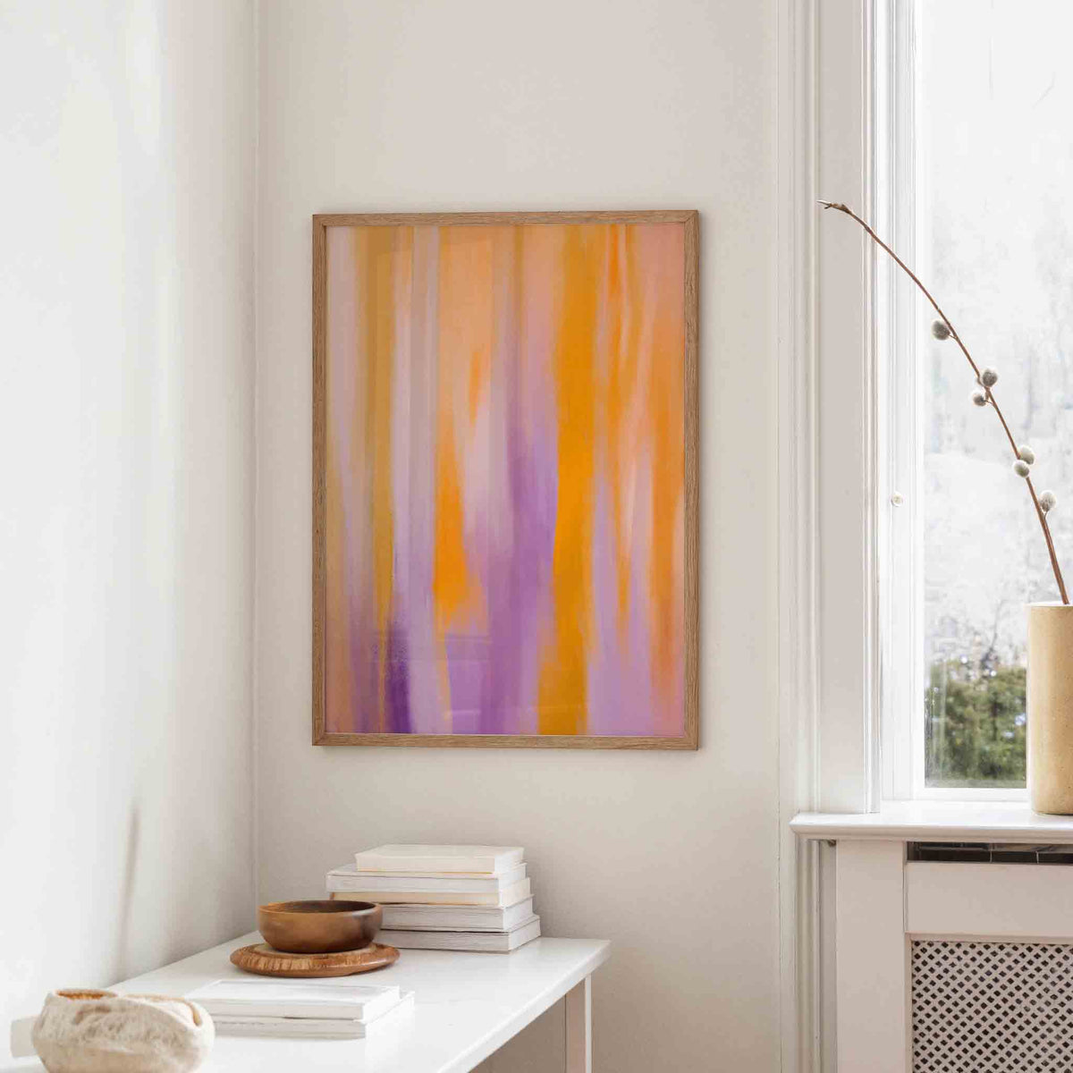 Abstracte oranje en paarse – staande design wanddecoratie van WallArtistic