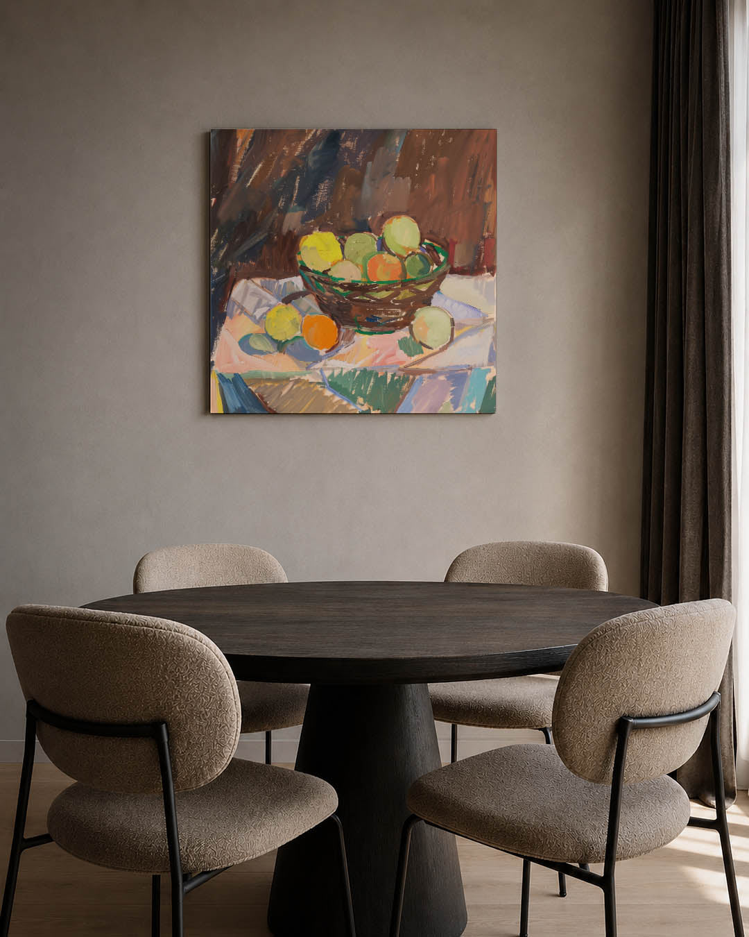 Fruit in mand kunstwerk – tweede productweergave – dit werk toont een mand met fruit op een tafel. De kleuren zijn levendig