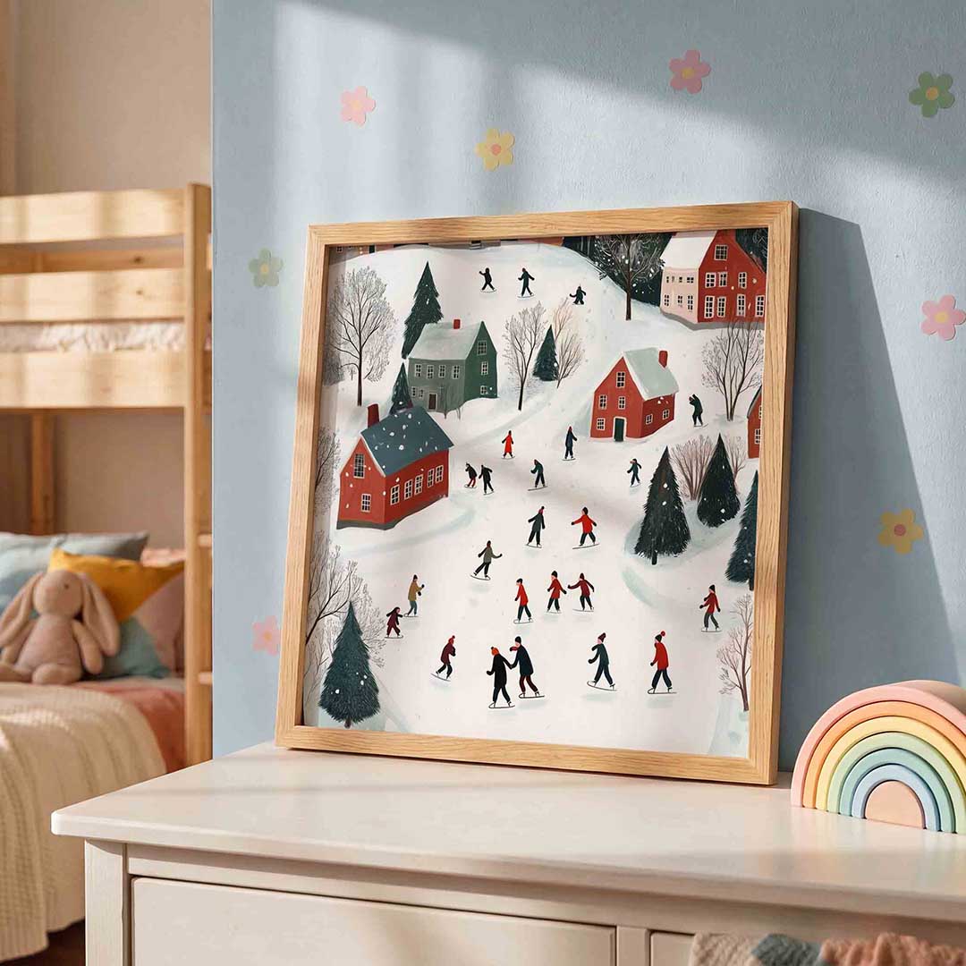 Schaatsers in winterlandschap – speelse wandkunst als vierkante kinderposter