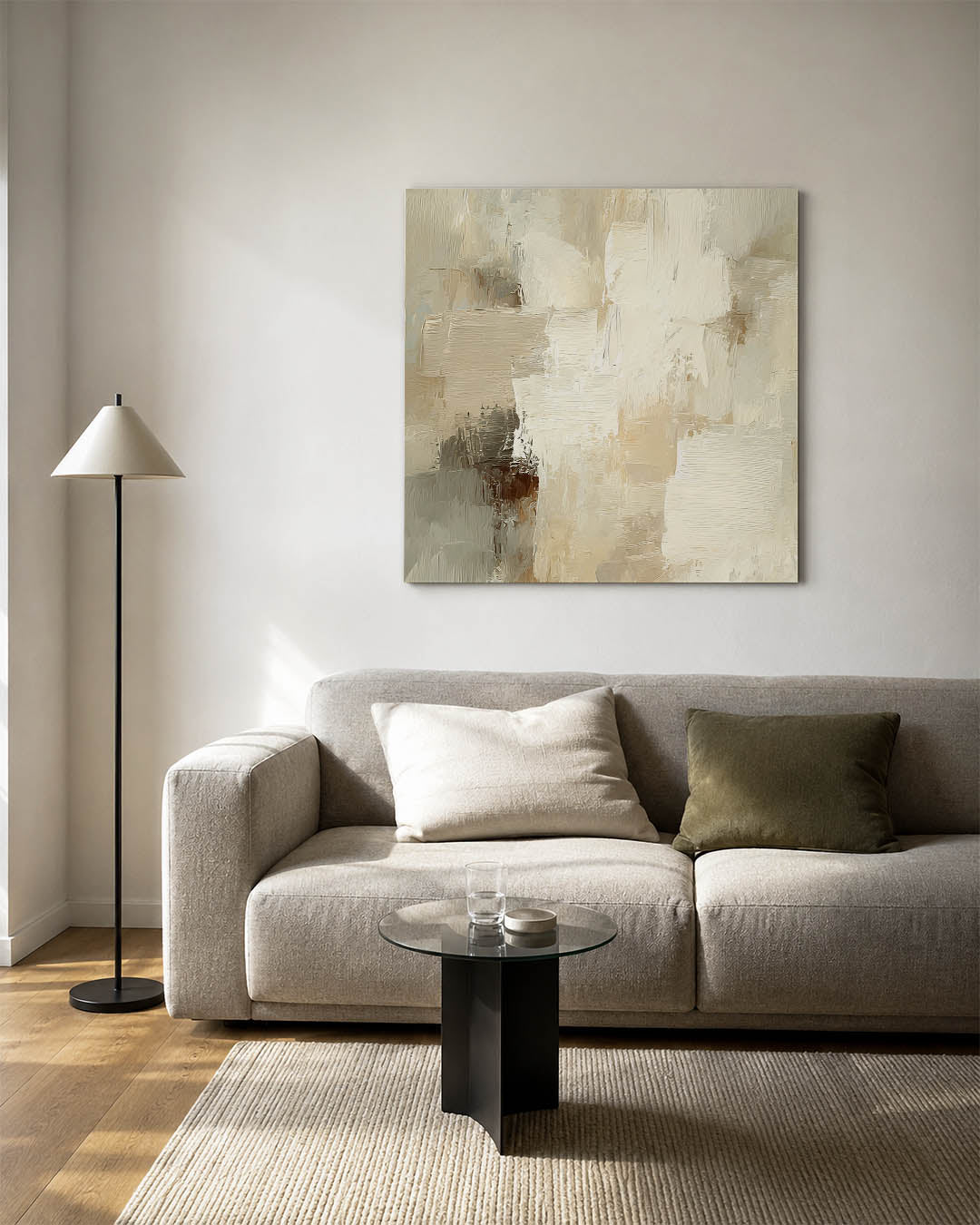 Zachte aardetinten kunstwerk – vierkante wanddecoratie – dit werk toont een harmonie van zachte aardetinten met vloeiende