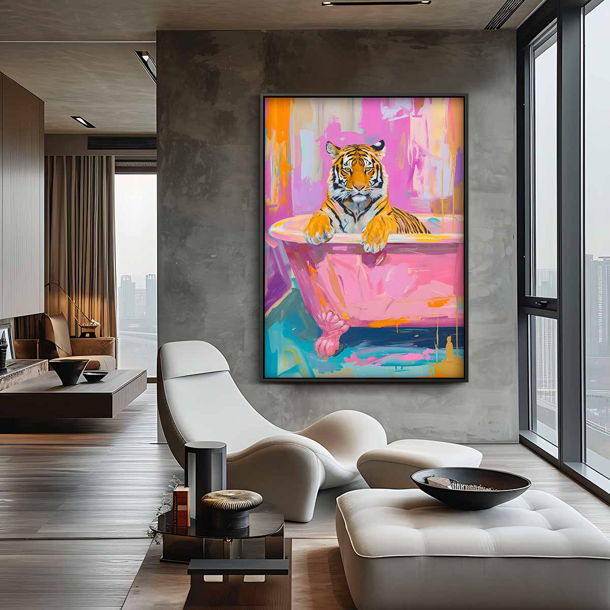 Tijger in de Roze Badkuip – staande wandkunst voor woonkamer of interieur