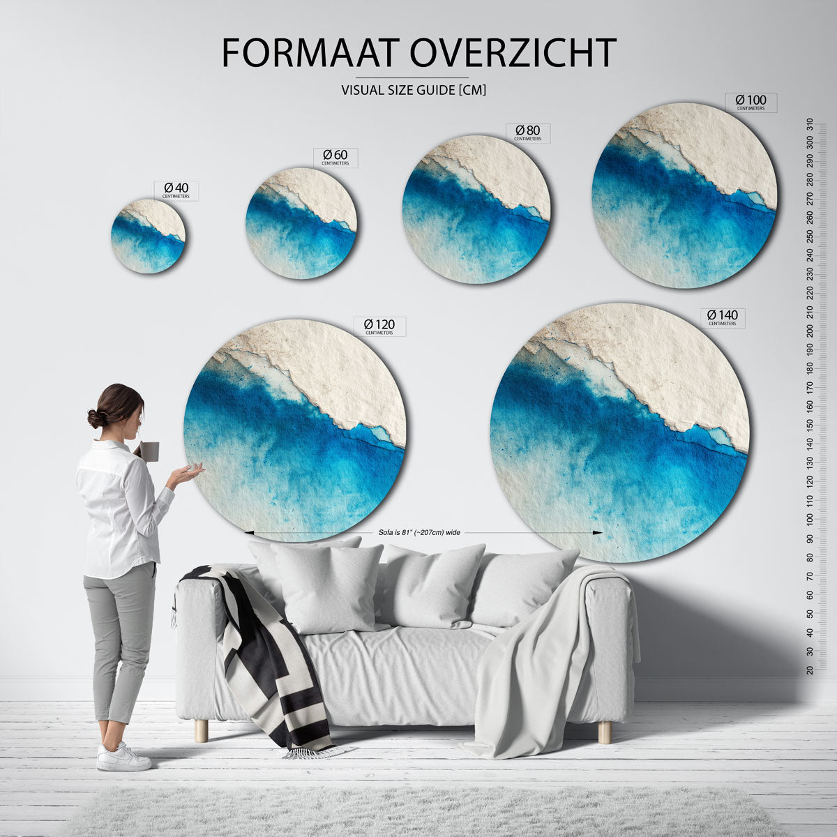 Blauwe en beige – ronde muurdecoratie met vrouwelijk portret