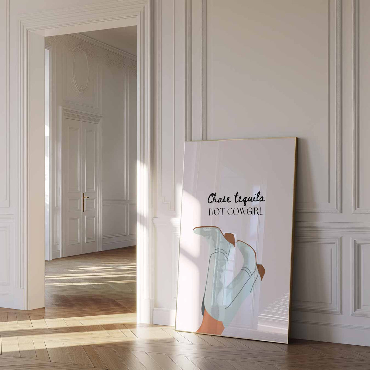 Tequila Chase Cowboy Boots – paas poster als vrolijke staande wanddecoratie