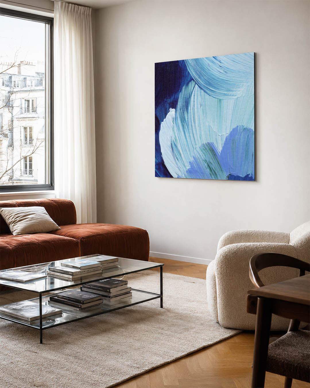 Dynamische kleurvlakken kunstwerk – vierkante wanddecoratie – dit kunstwerk toont vloeiende penseelstreken in diverse