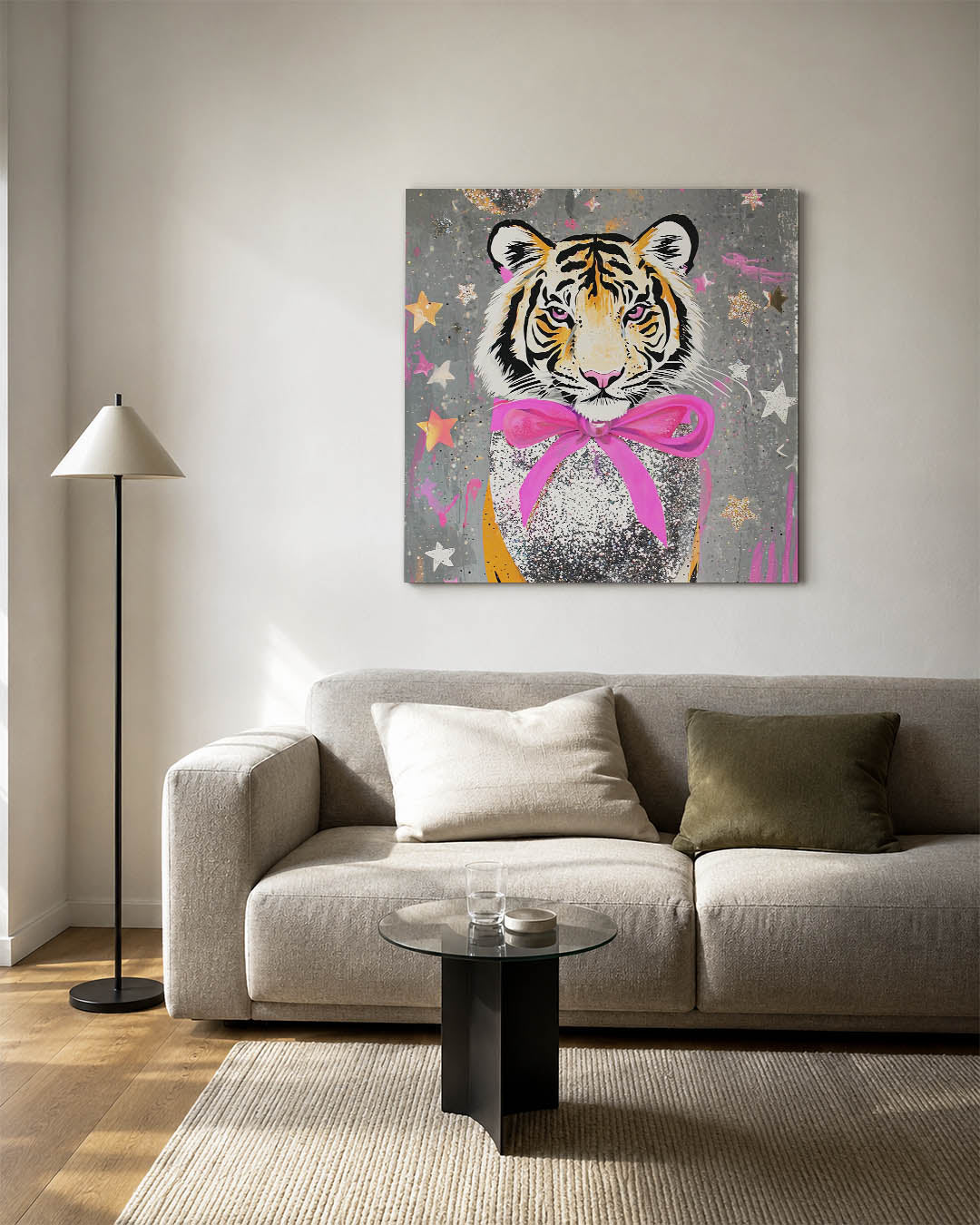 Kleurrijke tijger kunstwerk – detailweergave – dit werk toont een tijger met levendige kleuren en een speelse compositie van