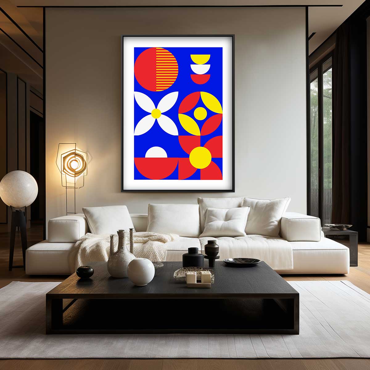 Kleurrijke Geometrische Abstractie – kunstwerk met zwarte baklijst