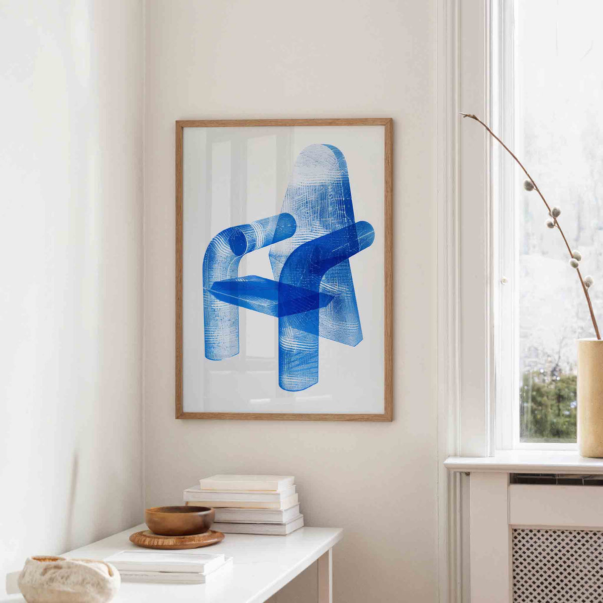 Abstracte blauwe stoel – staande hedendaagse wanddecoratie van WallArtistic