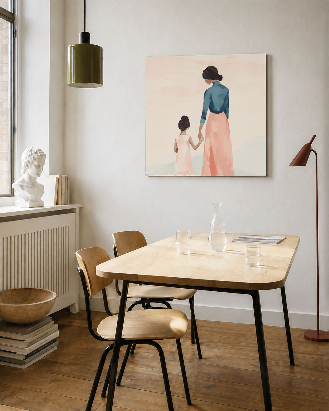 Moeder en kind kunstwerk – vierkante wanddecoratie – dit kunstwerk toont een vrouw en een kind hand in hand, met zachte
