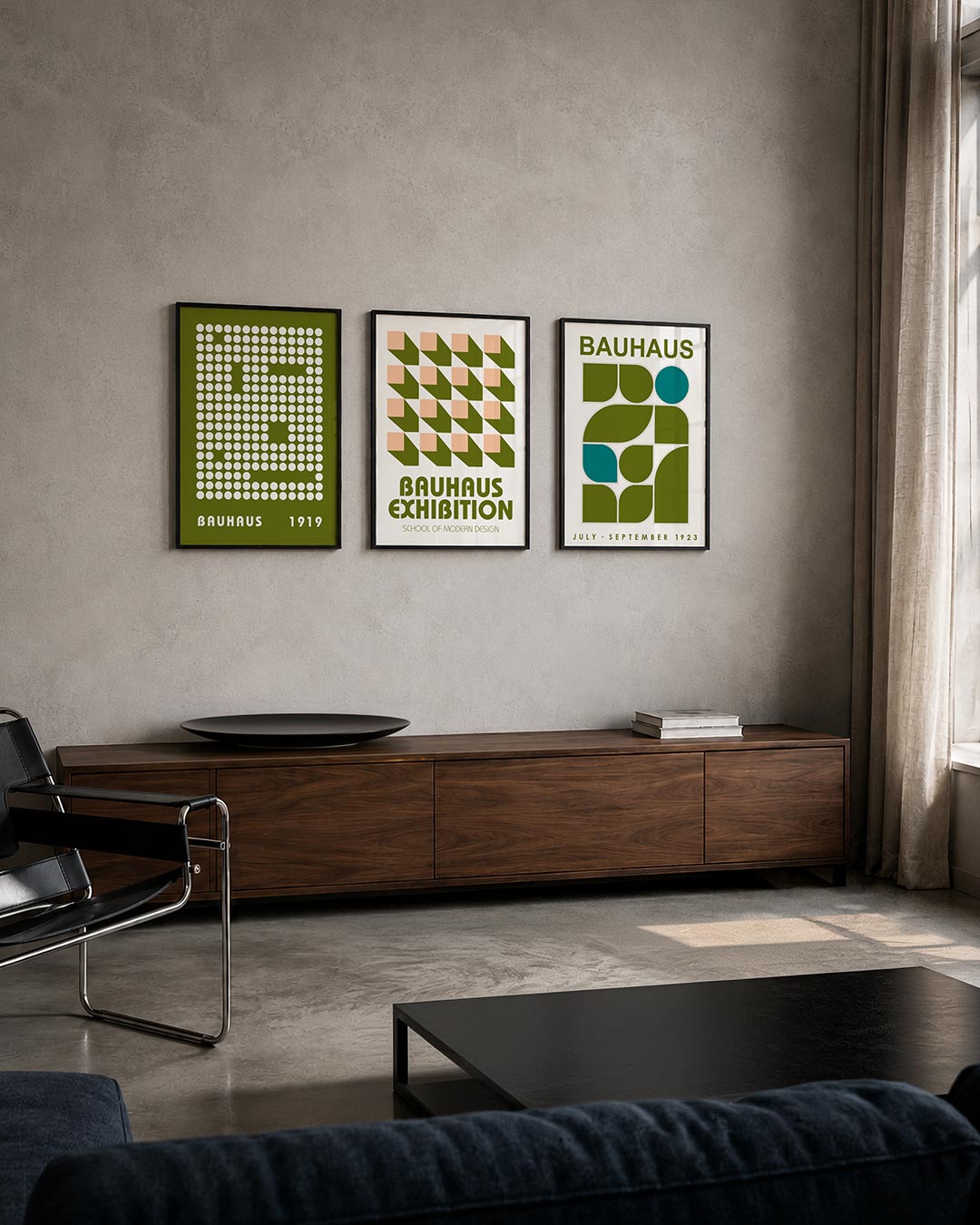 Cirkelpatroon ritme posterset – tweede productweergave – een speelse compositie van witte cirkels op een olijfgroene