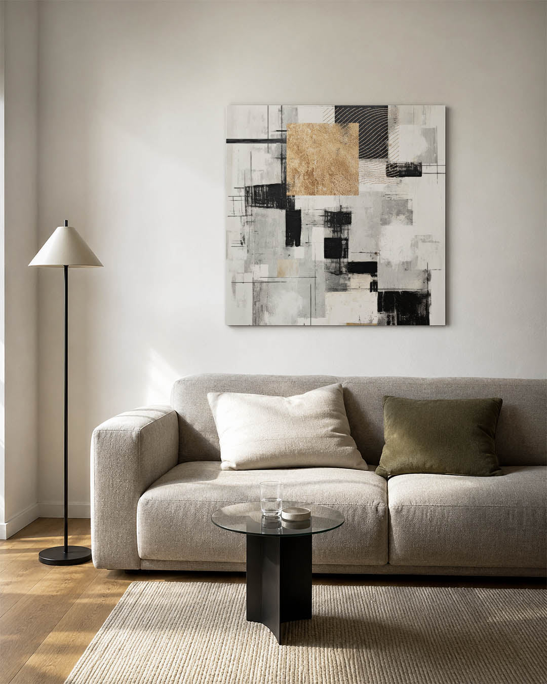 Geometrische compositie kunstwerk – vierkante wanddecoratie – dit werk toont een dynamische mix van rechthoeken en lijnen in