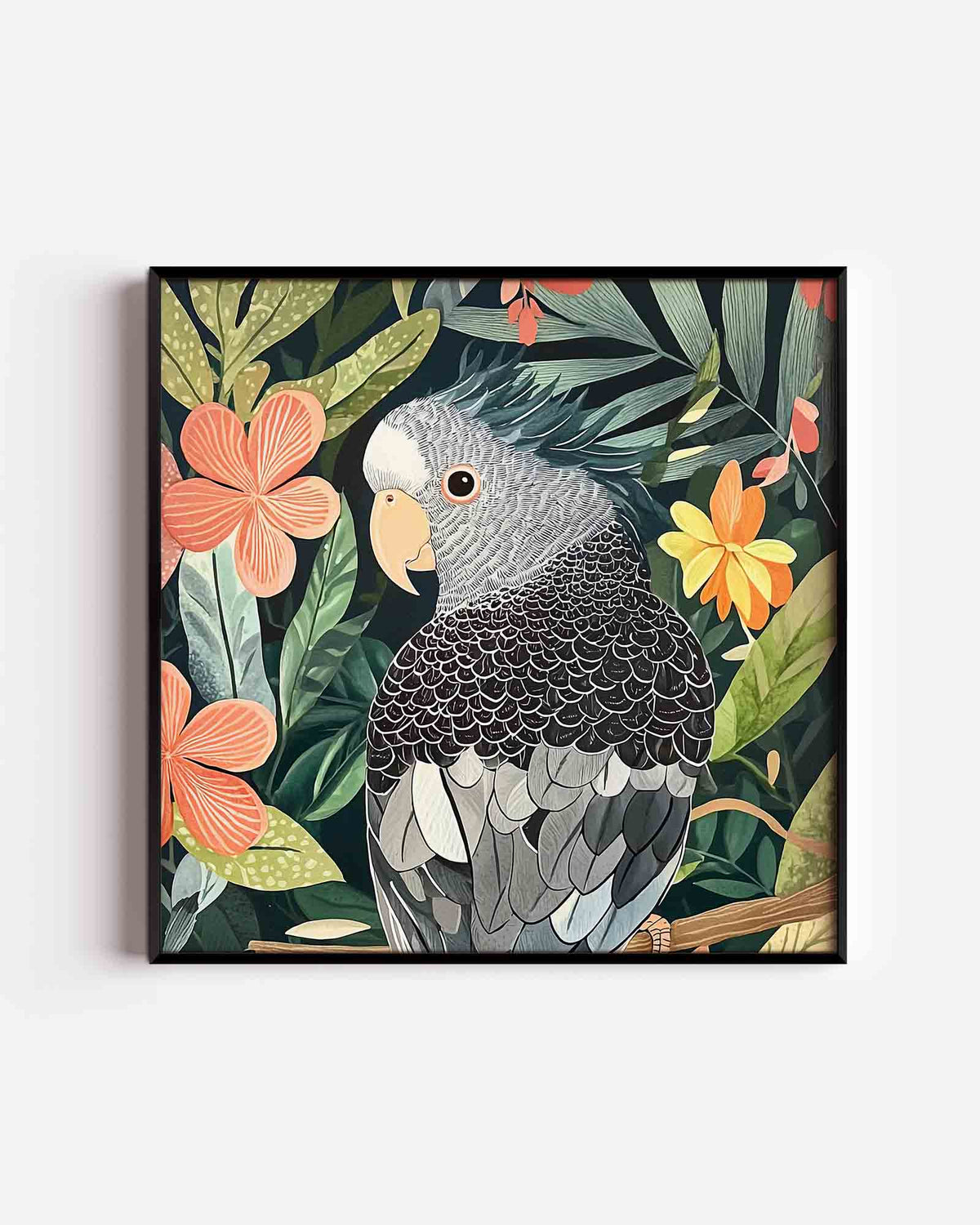 Papegaai en bloemen – vierkante dierenposter als wanddecoratie