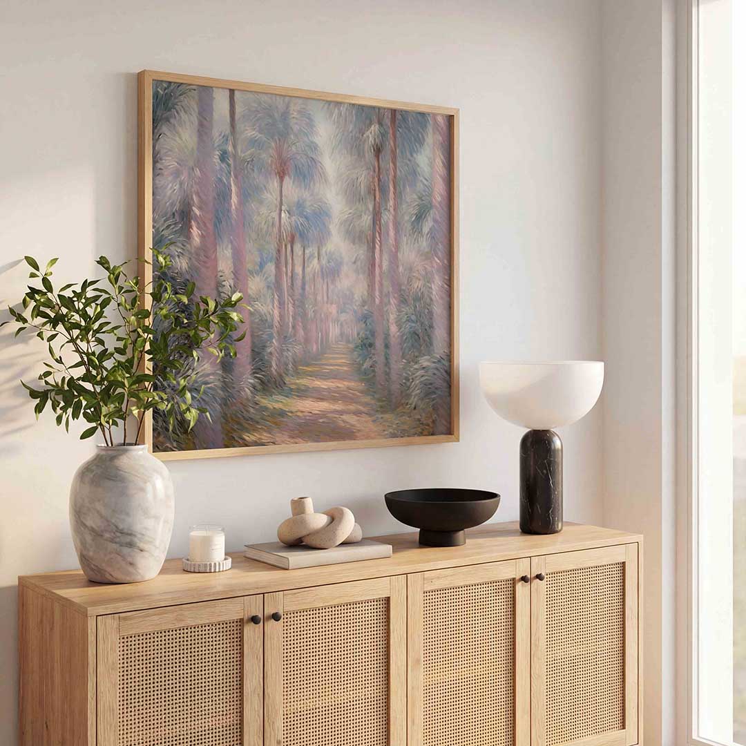 Palmboomlaan – tropische poster in vierkant formaat