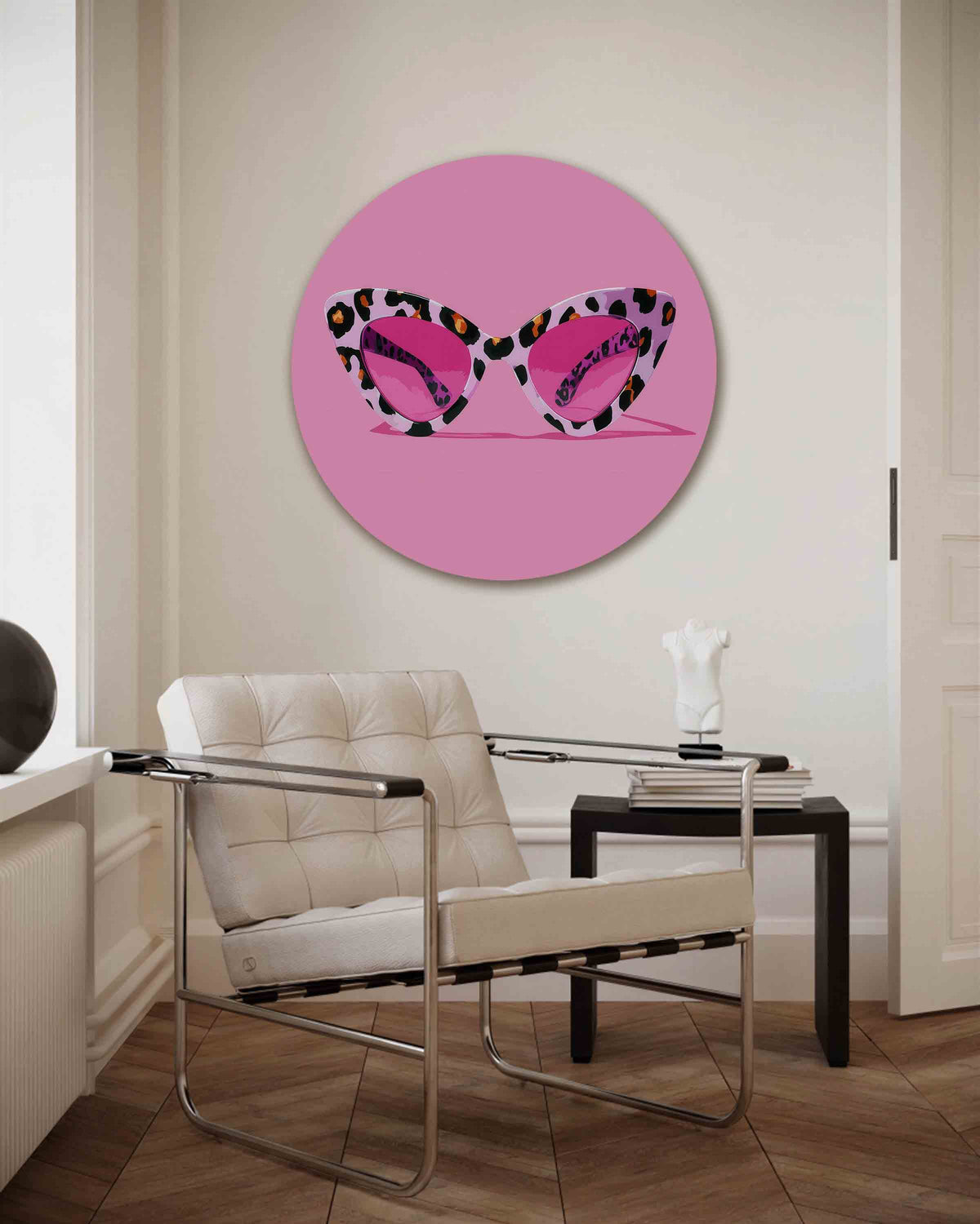 Zonnebril met luipaardprint – Pop Art muurcirkel als ronde wanddecoratie