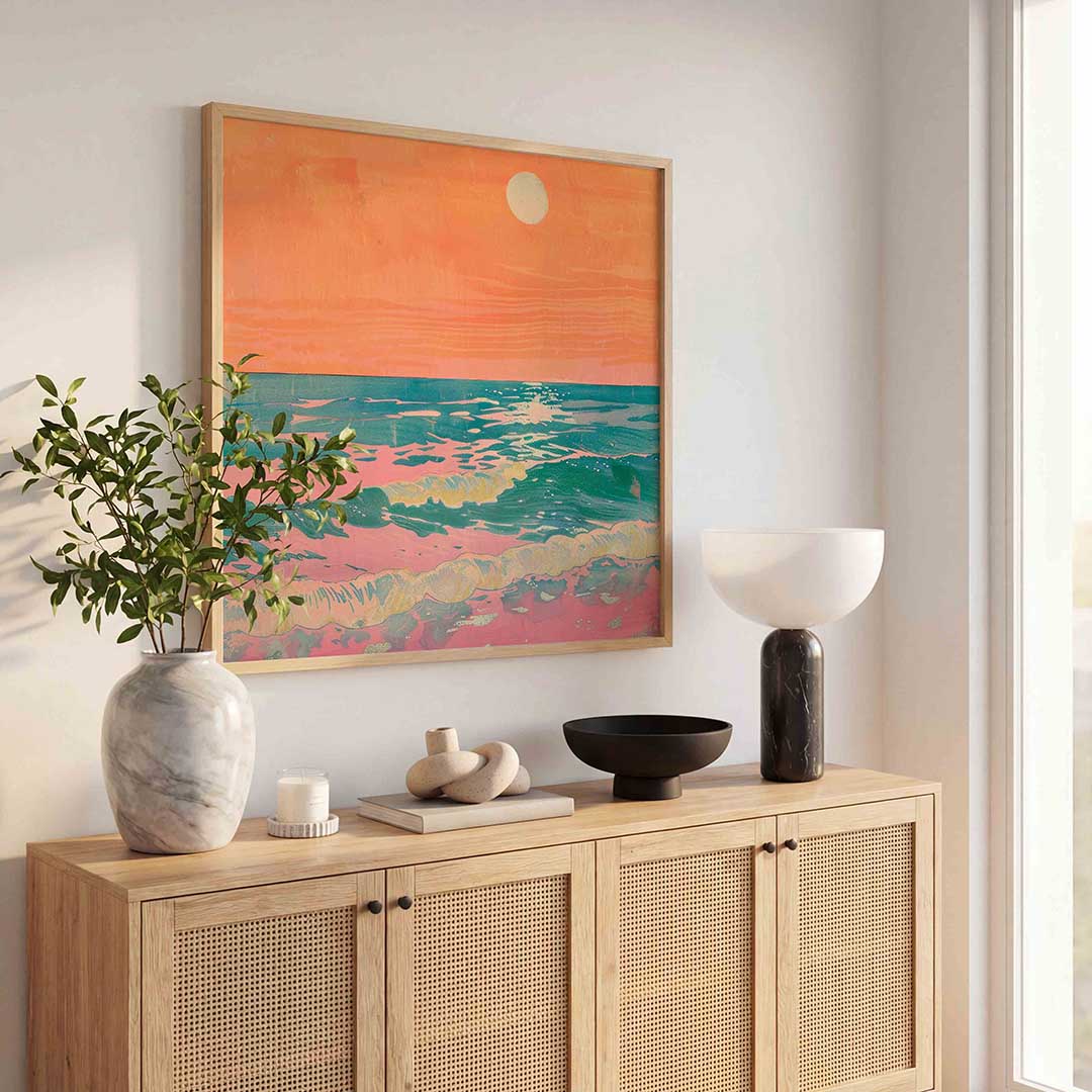 Zonsondergang boven zee – illustratie poster in vierkant formaat