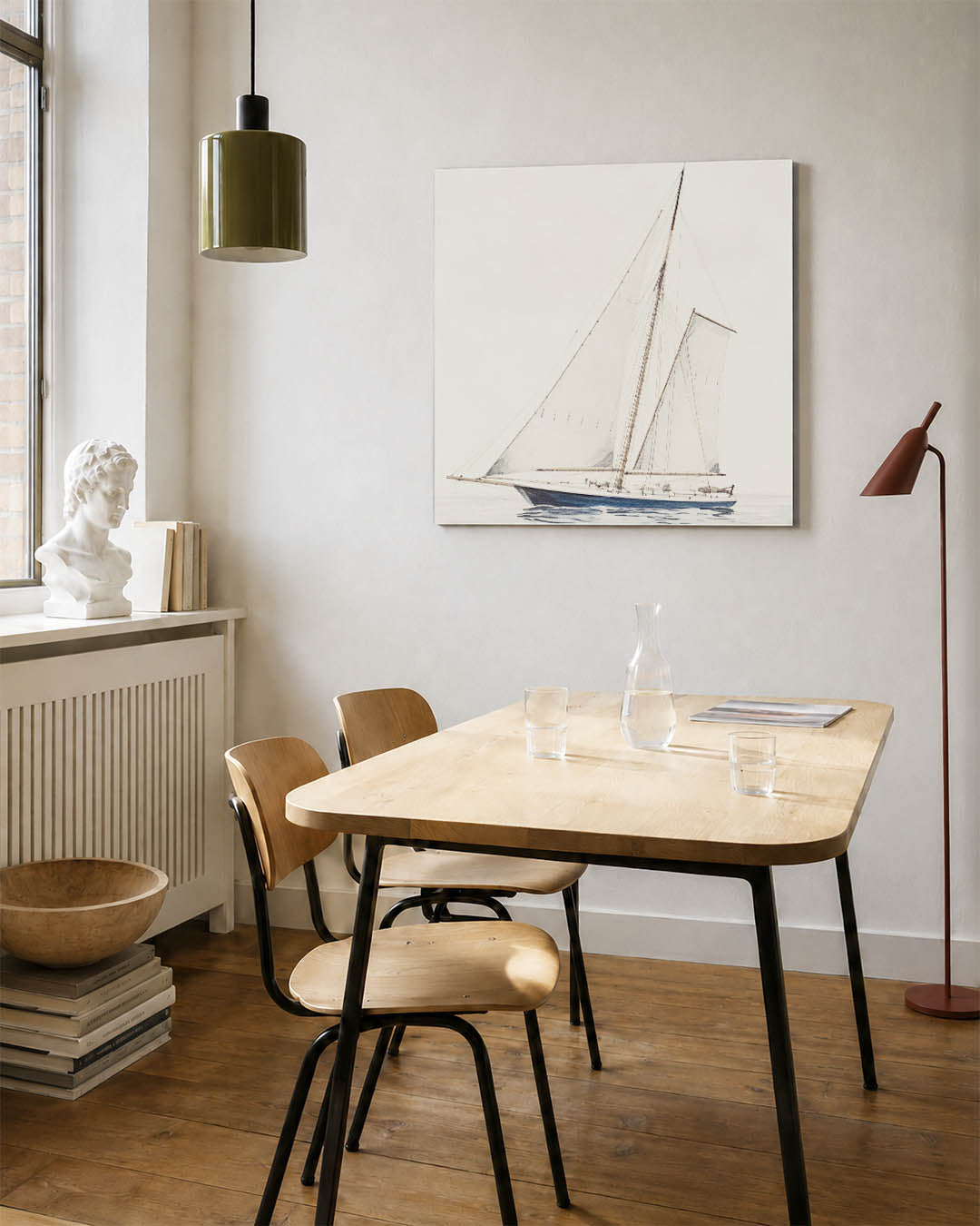 Zeilboot op zee kunstwerk – detailweergave – dit werk toont een elegante zeilboot met volle zeilen op een rustige zee. De