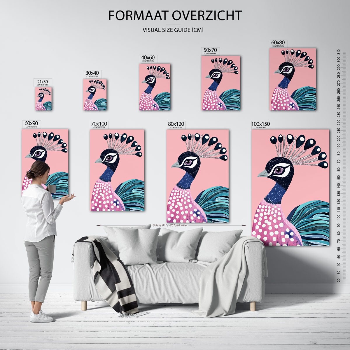 Pauw met roze achtergrond – staande muurposter met dierenthema
