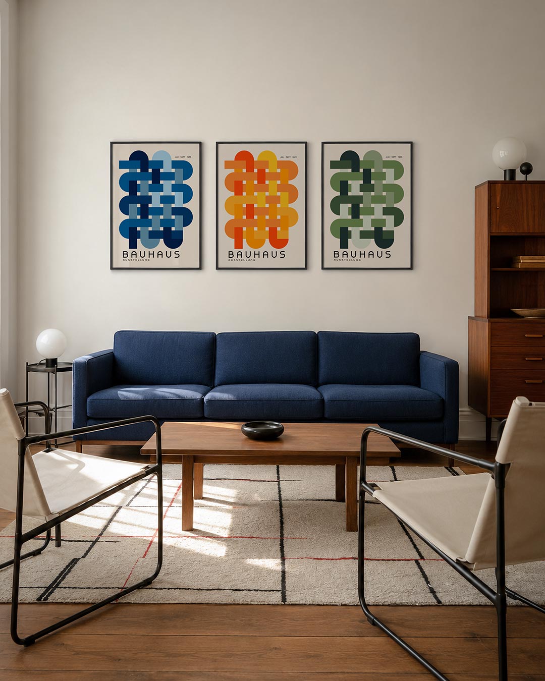 Wevende blauwtinten driedelige posterset – deze posterset in drie delen toont een verweven patroon van rechthoeken in