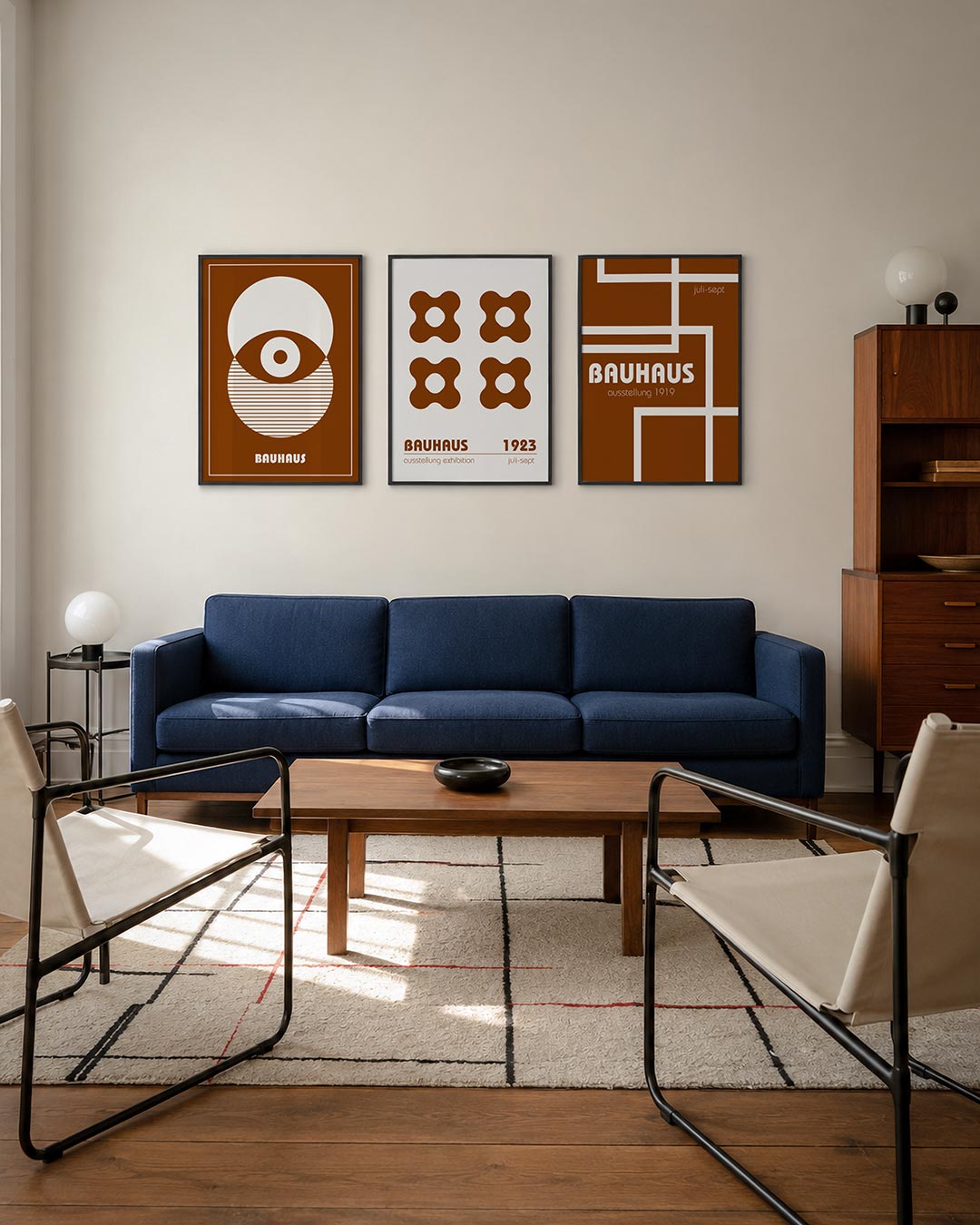 Cirkelritme en lijnen driedelige posterset – deze poster toont een dynamisch spel van cirkels en lijnen in bruin en wit. De