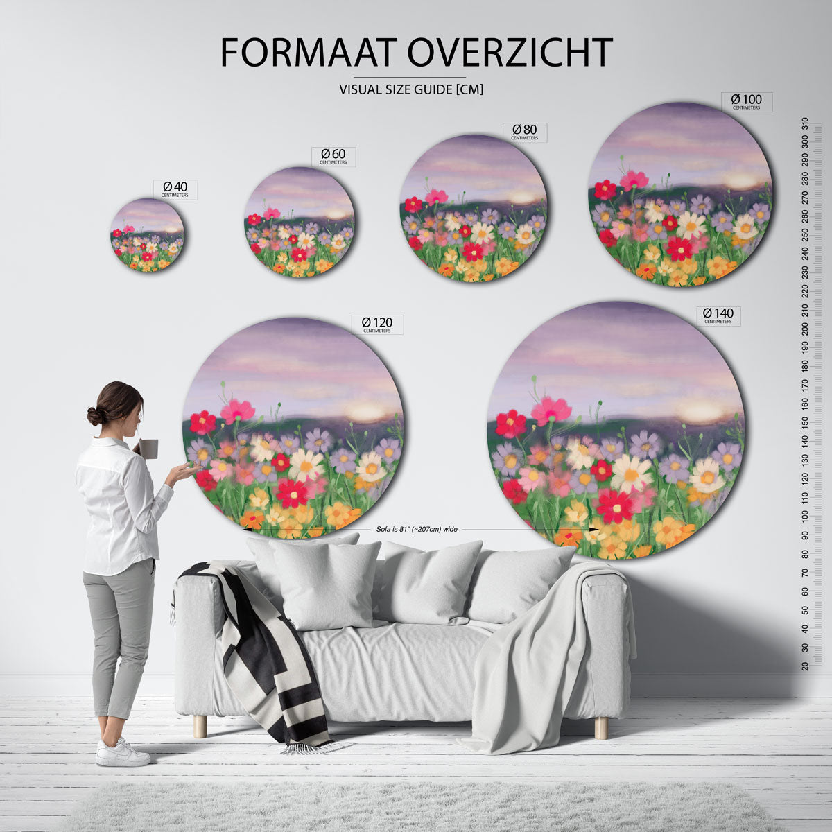 Bloemenveld – geïllustreerde wandkunst als moderne muurcirkel