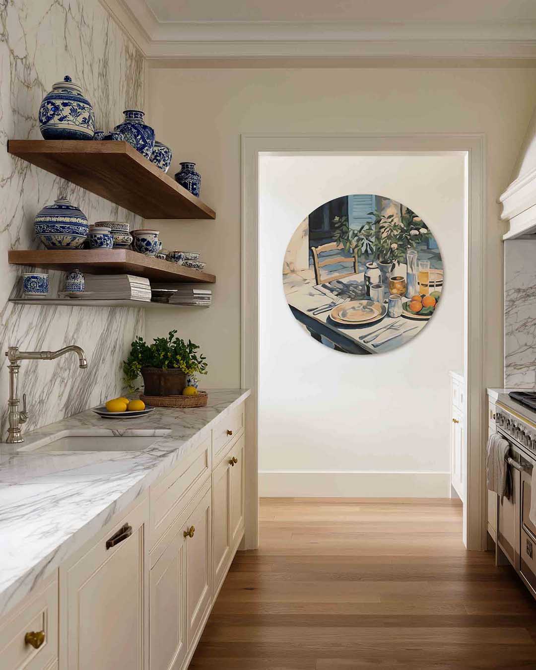 Ontbijttafel met citrusvruchten – moderne abstracte muurcirkel voor aan de muur