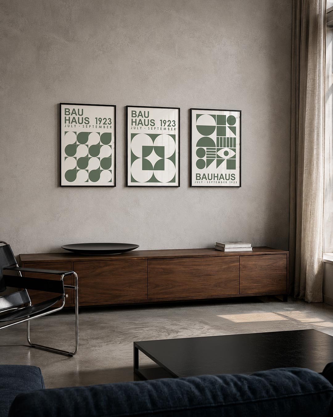 Vorm en kleur driedelige posterset – deze posterset in drie delen toont een ritmisch spel van halve cirkels en vierkanten in