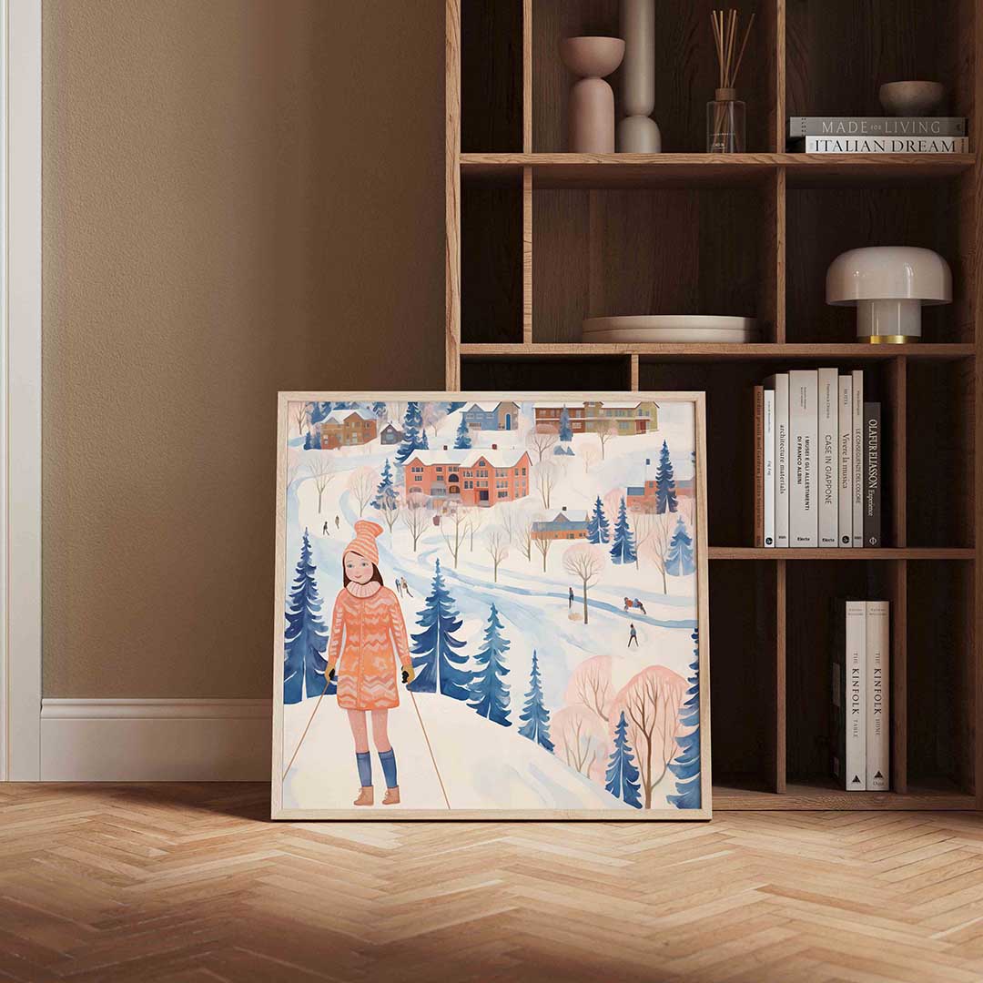 Winterlandschap met skiër – kerstposter in vierkant formaat