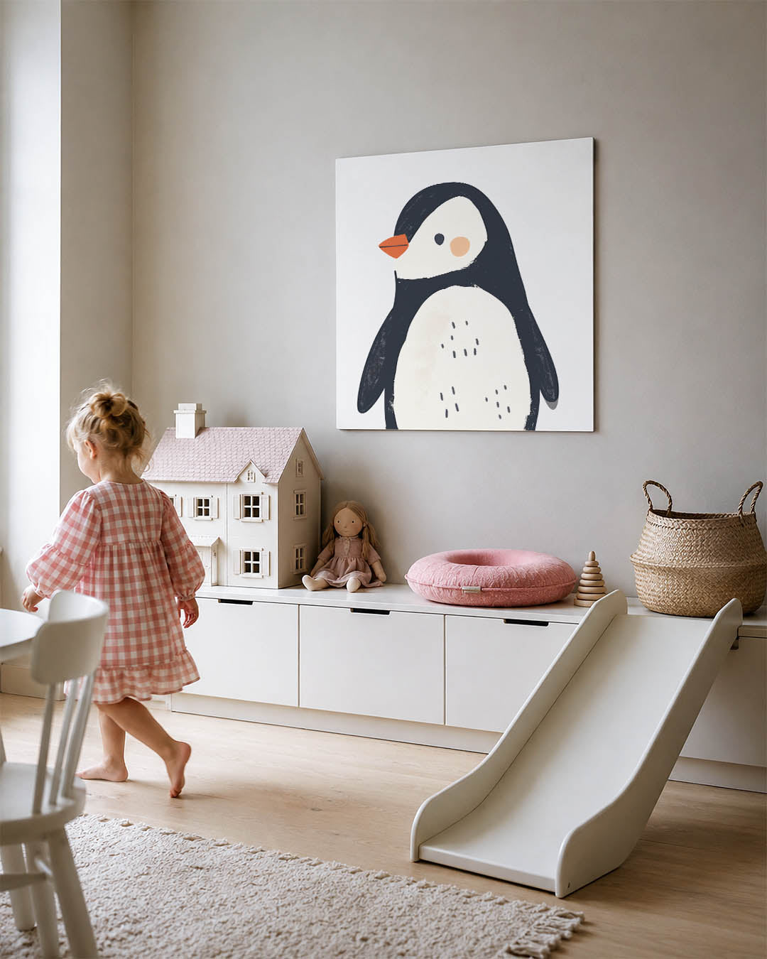 Vrolijke pinguïn illustratie kunstwerk – tweede productweergave – dit werk toont een schattige pinguïn met eenvoudige vormen